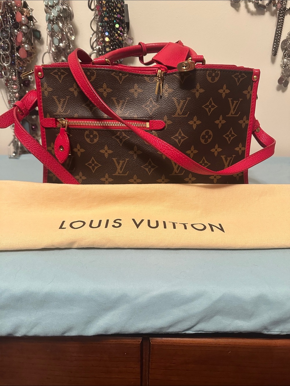 Louis Vuitton Monogram Satchel with Red Trim and Strap